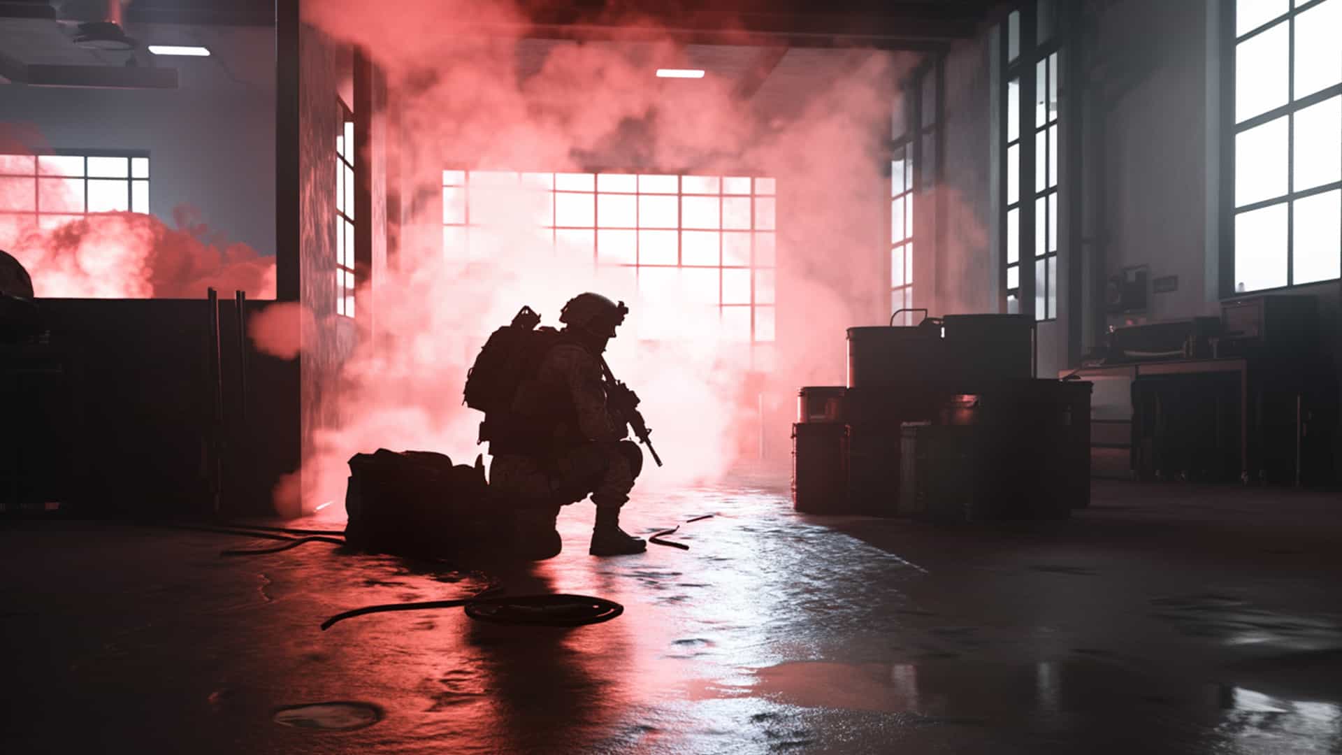 Tactical operator silhouette in smoky environment